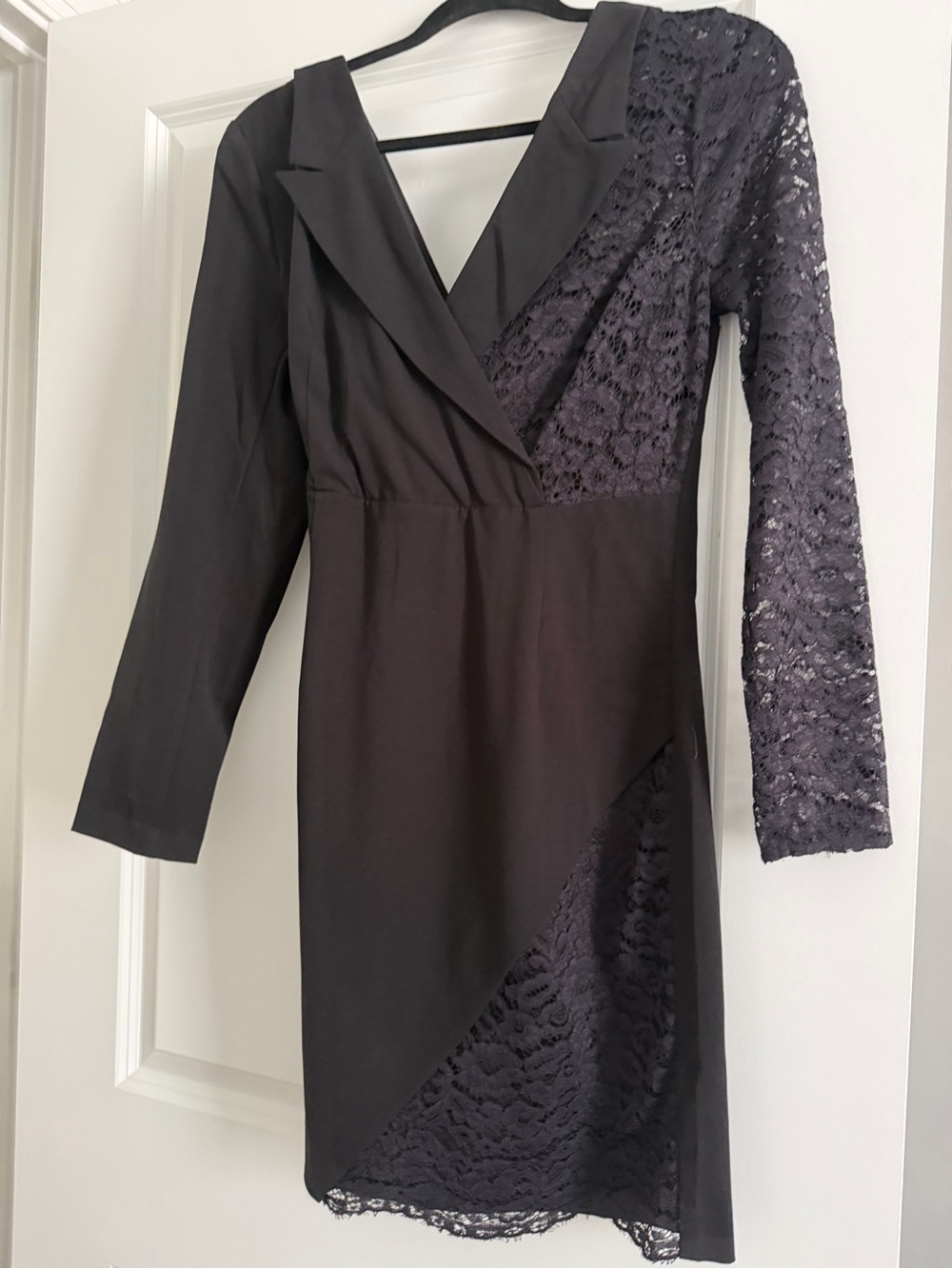 New York & Company Black Lace-Accent Wrap V-Neck Long Sleeve Dress
